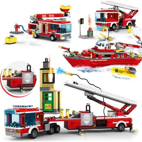 City Technique Car Sets Fire Fighting Vehicle And Ship Model Building Block Firefighter Brick Children Initiation Friends Gift