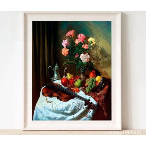 Cotton no frame classical still life violin flowers canvas printings oil painting printed on cotton wall art decoration pictures