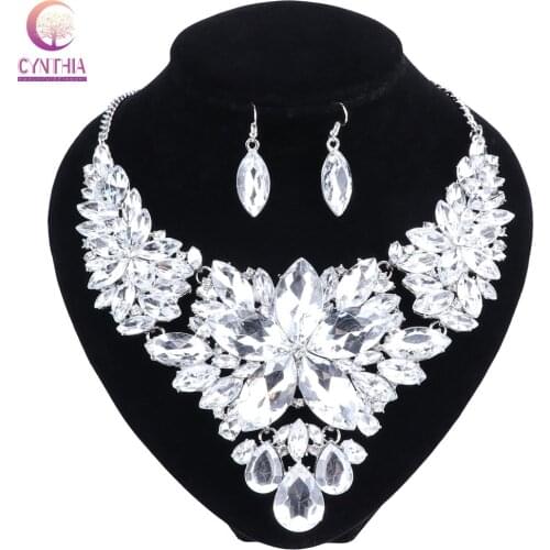 Crystal Bridal Jewelry Sets Silver Color Rhinestone Necklace Earrings Wedding Engagement Jewelry Sets for Women