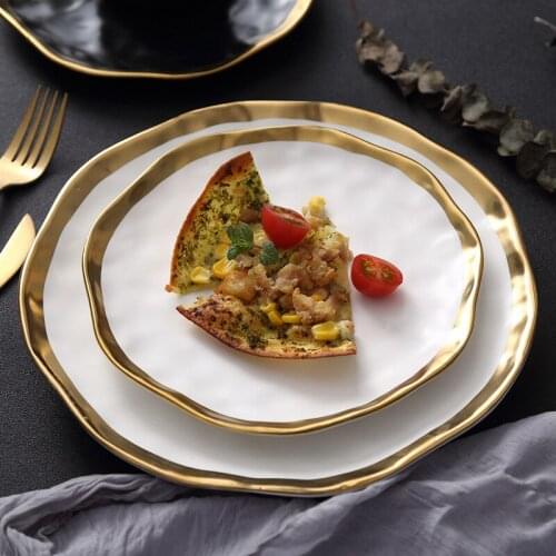 Ceramic Dinner Plate Gold inlay Snack Dishes Luxury Gold Edges Plate Dinnerware Kitchen Plate