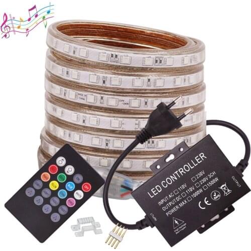 220V 110V RGB LED Strip Light Music 5050 Remote Control 60LEDs/m Waterproof Flex LED Strip Ribboion Tape Lights Home Decoration