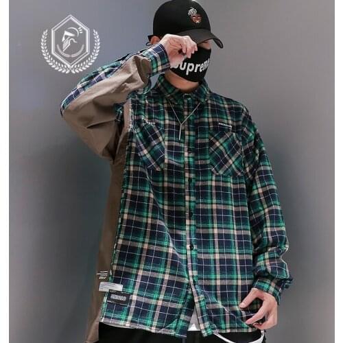Men Fashion Loose Plaid Print Casual Patchwork Hip Hop Shirts