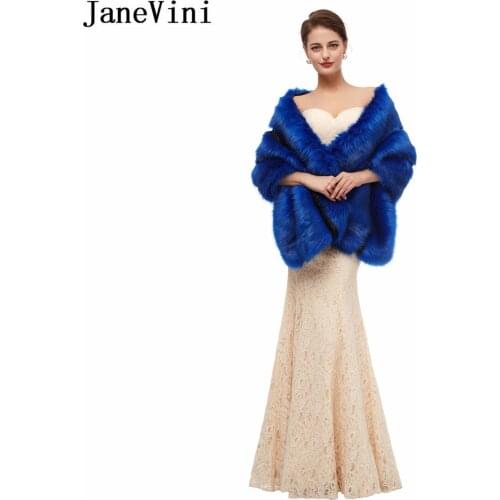 JaneVini Elegant Royal Blue Women Capelet Faux Fur Wrap Shawl Winter Wedding Coats Outerwear Big Bridal Cloak Bolero Accessories