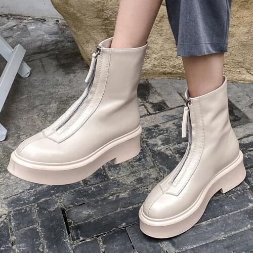 New Winter Autumn Handmade Genuine Leather Women Boots Round Toe Thick Sole Chunky Platform Zipper Flat Sole Womens Ankle Shoes