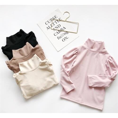 Spring Fall and Winter Kids Child Girls Solid Color Underwear Turtleneck Basic T-shirt, Half High Neck Long Puff Sleeves Tops