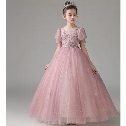 Flower Girl Dresses Appliques Princess Lace Sequined Beading Pearls Embroidery O-Neck Ball Gown Short Tulle Kid Party Skirt H094