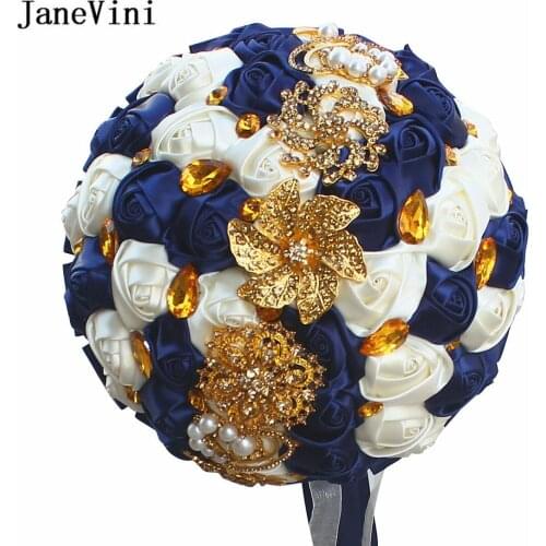 JaneVini Luxury Navy Blue Wedding Bouquet with Gold Crystal Satin Rose Beaded Diamond Bride Artificial Flowers Bridal Bouquets