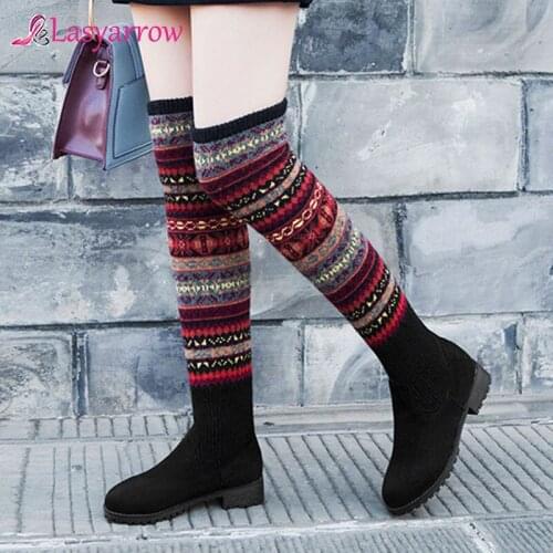 Lasyarrow thigh high boots knee high boots over the knee boots women ladies low heel round toe black Elastic boots size 33-46