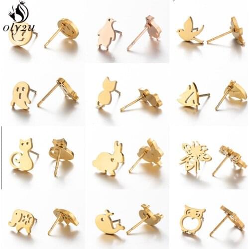 Mutiple Small Stainless Steel Earrings for Women Kids Gold Color Lovely Dog Cat Earings Simple Smiling Face Piercing Ear Studs
