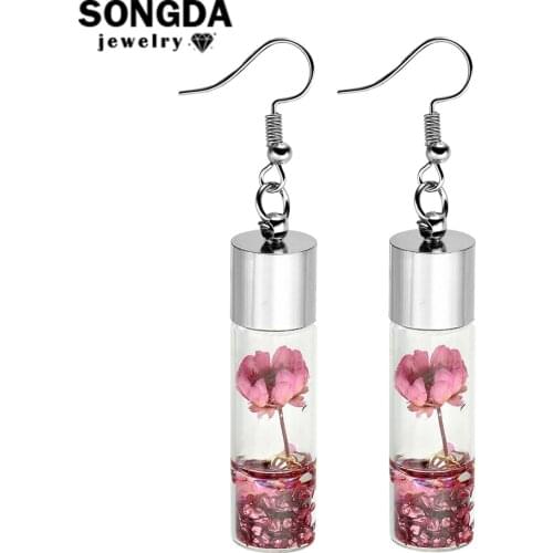 SONGDA Fashion Immortal Dried Flowers Resin Earrings 3D Transparent Glass Drift Bottle Drop Earrings for Women Handmade Jewelry