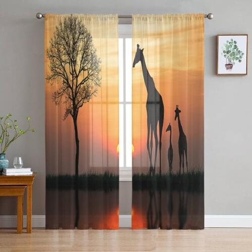 Africa Giraffe Sunrise Modern Curtains For Living Room Transparent Tulle Curtains Window Sheer For The Bedroom Accessories Decor