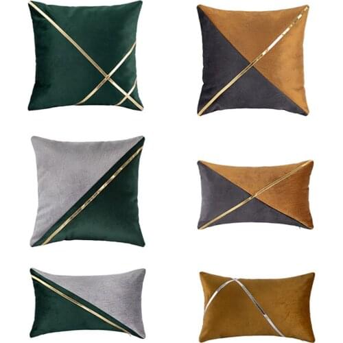 Modern Velvet Faux Leather Lumbar Pillow Case Geometric Stripes Pillowcase Rectangular Cushion Cover