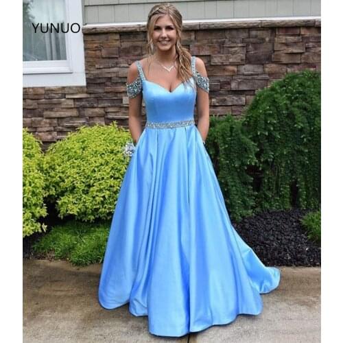 YUNUO A-Line Satin Long Prom Party Gowns With Pocket Beaded Belt Off Shoulder Straps Sleeveless Evening Dresses Slit 2021
