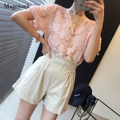 2021 Korea Chic Temperament Summer Blouse Bubble Sleeve Chiffon V-neck Button Loose Shirt Blouse Sweet Women Tops Blusas 13660