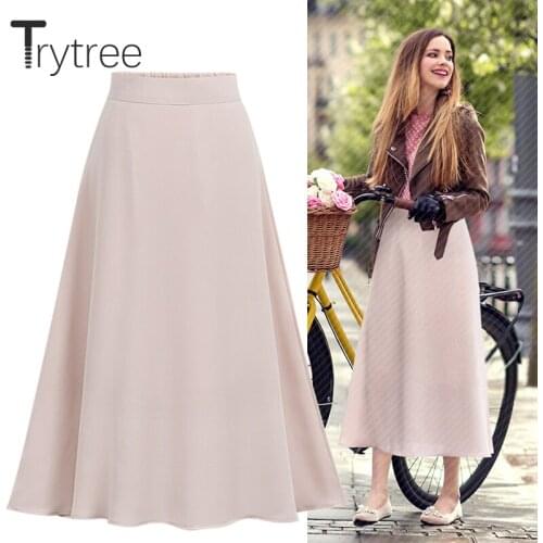 Ttytree Summer Autumn Women Skirt Casual A-Line Mid-Calf Elegant Elastic Waist Solid 5 Colors Skirts Silky Office Lady Skirt
