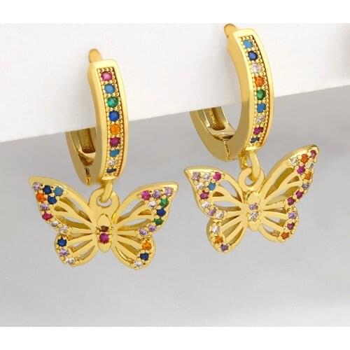 FLOLA Multicolor Gold Butterfly Earrings For Women Crystal Drop Earrings Charm Dangle Cubic Zircon Huggie Rainbow Jewelry ersu80