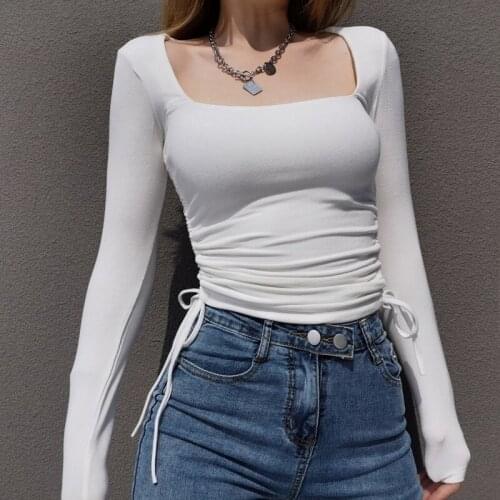 Women Square Collar Ruched Side Long Sleeve Top A840