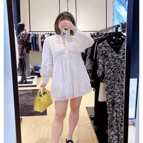 Women Dress 2021 Spring and Summer New Womens Stitching Pure Color Lace Hollow Dress