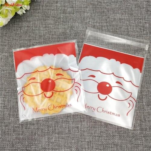 100Pcs Cute Smiling Santa Claus Plastic Bag OPPCandy Bag Wedding Birthday Cookie Candy Gift Packaging Bags Self Adhesive 5ZHH205