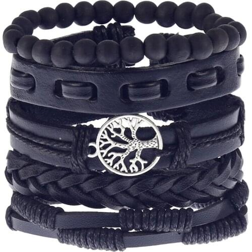 4-5Pcs/ Set Braided Wrap Leather Bracelets for Men Vintage Life Tree Rudder Charm Wood Beads Ethnic Tribal Wristbands