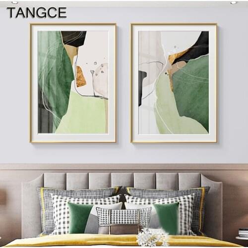 Contemporary Art Green Color Block Wall Art Canvas Painting Abstract Golden Pictures Poster Print Gallery Living Room Home Decor