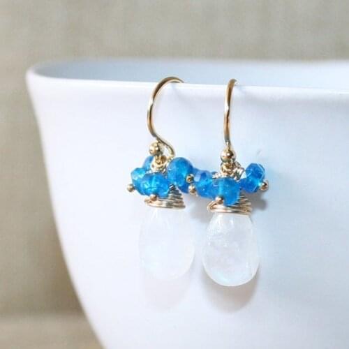 White Moonstone and Neon Blue Apatite Dangle Earrings