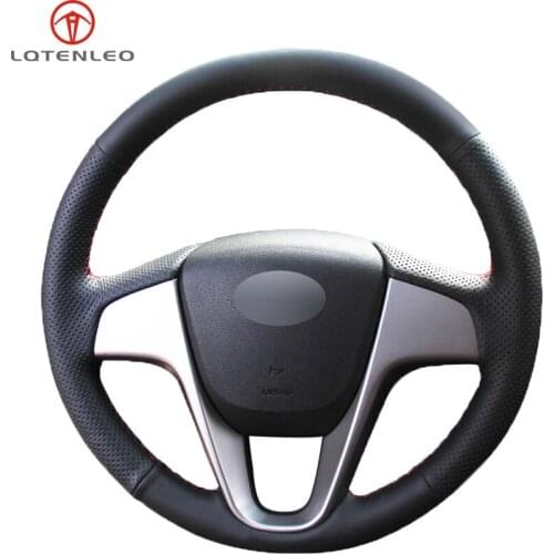 LQTENLEO Black Genuine Leather Hand-stitched Car Steering Wheel Cover for Hyundai Solaris Verna i20 2008-2012 Accent