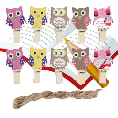 10pcs/Bag Home Organization Crafts Wooden Postcard Pegs Decorative Clothespins With Rope Mini Owl Wooden Photo Paper Peg Pin