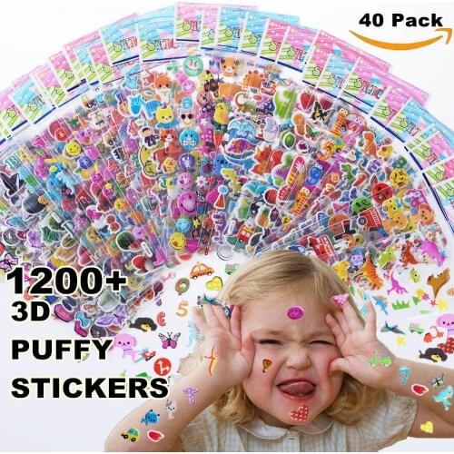 Kids stickers 1200+, 40 different Sheets, 3D Puffy Stickers for Kids, Bulk stickers for Girl Boy Birthday Gift, Scrapbooking