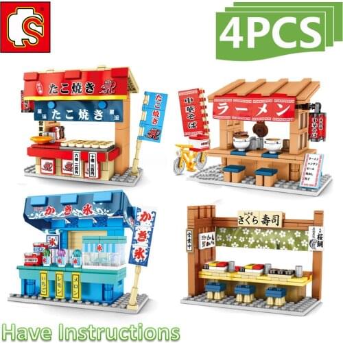 Sembo City Architecture Japan Sakura Street Ramen Takoyaki Sushi Shaved Ice Food Restaurant Shop Store Mini Blocks Building