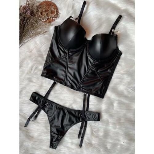 Wriufred Locomotive Leather Lingerie Small Bone Shaped Body Shaper Waist Underwear Set Bralette Sexy Glossy Gathering Bra Set