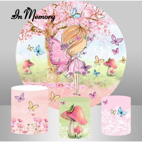 Girls Birthday Party Round Backdrop Cover Pink Tree Butterfly Flowers Fairyland Photography Background Plinth Covers Customized