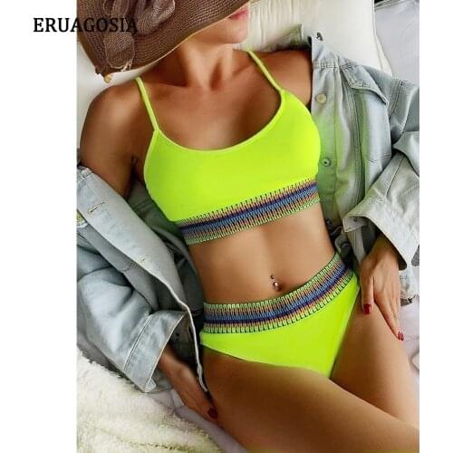 High Waist Swimsuit Women Bikini 2021 Stitching Swimwear Female Neon Bikinis Set Summer Beachwear Bathing Suit Brazilian Biquini