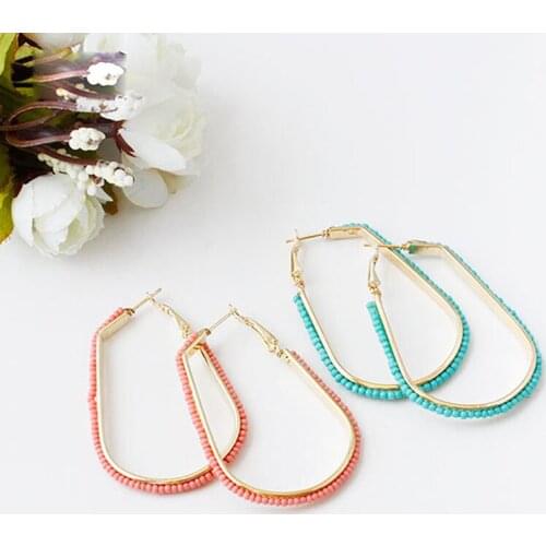 Fashion Women Boho Multicolor Inlaid Resin Seed Beads Golden Plated Irregular Oval Circle Big Drop Hanging Ear decoration Gifts