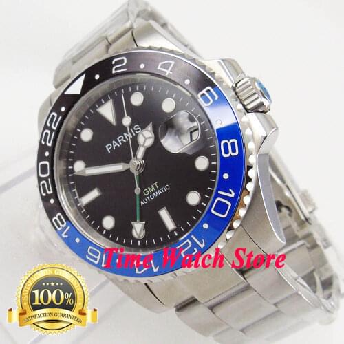 Parnis 40mm black dial sapphire glass ceramic bezel date date magnifier GMT Automatic movement Mens watch men 876