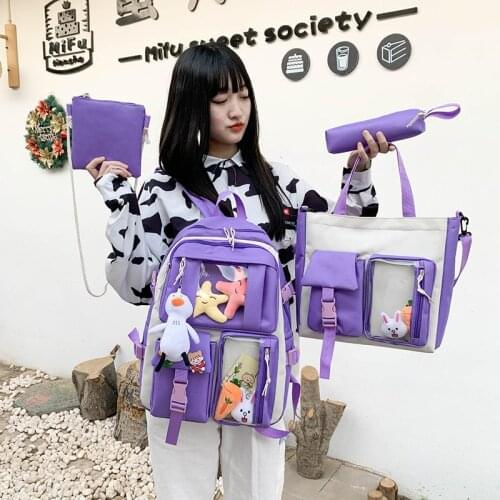 4-piece Set Harajuku Cute Cartoon Womens Backpack Large Capacity Nylon Waterproof School Bags Casual Classical Unisex Large