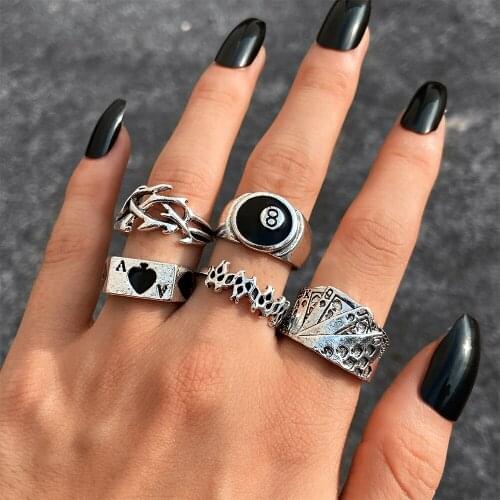 Punk Vintage Silver Color Poker Billiards Ring Set for Women Gothic Heart Anillos Hip Hop Y2k Korean Fashion Male Gift Jewelry