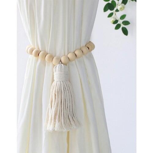 2021 New Wooden Beads Curtain Holder Cotton Tassel Tieback Buckle Strap Curtain Holdbacks