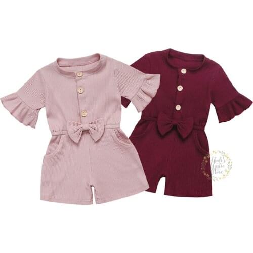 1-5Y Toddler Baby Kid Girls Bow Jumpsuit Knitted Ruffles Rompers Solid Spring Summer Children Girls Costumes Clothes