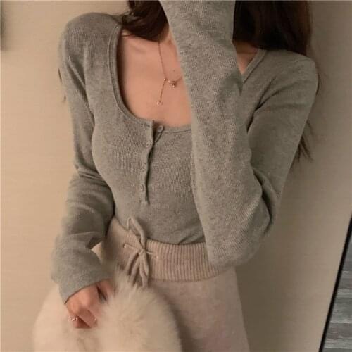 Sexy Slim Tight Long Sleeve Knitted T-shirt Female Spring Autumn New Style Fashion Undershirt Grey Baseshirt Short Primer Shirt