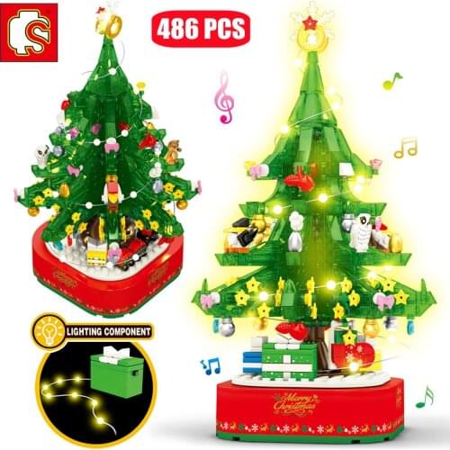 SEMBO Christmas Series Rotating LED Shining Music Box Building Blocks Friends Tree House Bricks Toys For Children Holiday Gifts