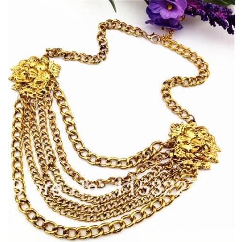 Punk style multi layers chain bronze lion head necklace