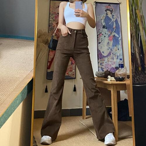2021 High Waist Slim Micro Flared Jeans Womens Vintage Slim Spring Summer Brown Fishtail Pants Denim Long Pants For Women