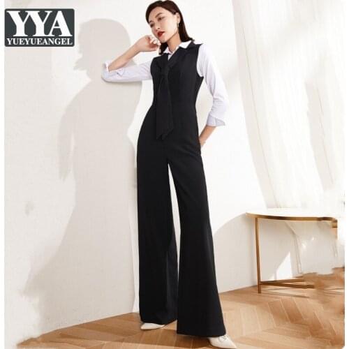 Office Ladies Suit Jumpsuits Design Necktie Sleeveless High Waist Straight Rompers Elegant Women Wide Leg Pants Casual Jumpsuit