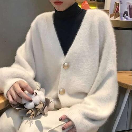 Women Autumn Winter 2020 Mink Velvet White Sweater Coat Sexy V neck Long Sleeve Loose Cozy Knitted Cardigan Top Femme Hiver Z591