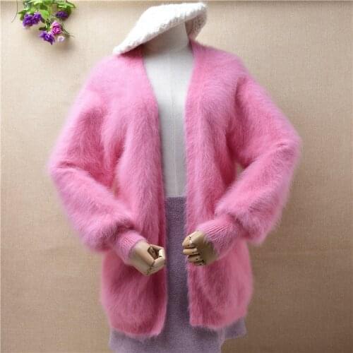 Ladies women fashion sweet pink hairy mink cashmere knitted long lantern sleeves loose cardigans angora fur jacket coat sweater