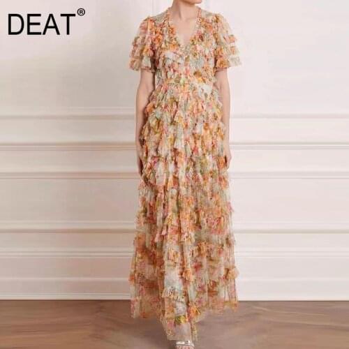DEAT Woman Dress Organza Multi-layer Edible Tree Fungus V Collar Short Sleeve High Waist Elegant Dresses 2021 New Summer 15XF429