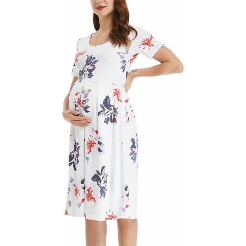 Soft Waist Pleated Casual Womens Floral Short Sleeve Loose Maternity Dresses Summer Pregnancy Clothes Print Knee Length Dress