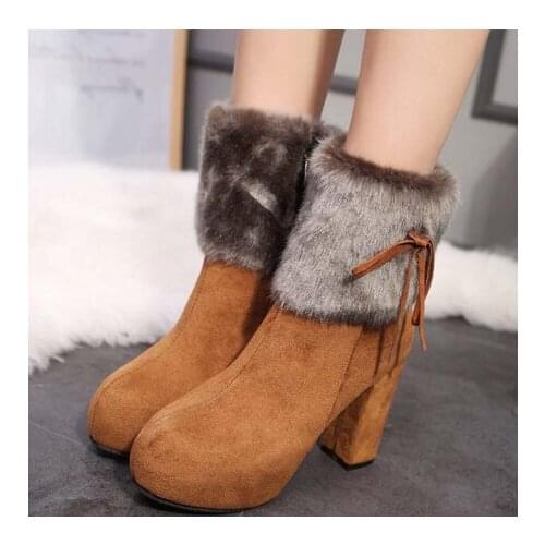 Winter Ankle Boots Women Faux Fur Female Zipper Bowtie Suede Womens Warm Shoes Woman Elegant Ladies High Heels Shoes