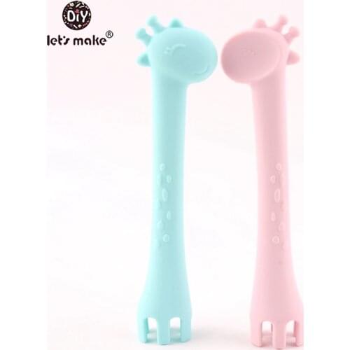 Lets make BPA Free Silicone Giraffe Spoon 1pc Feeding Fork Two In One Safety Tableware Infant Learning Spoons Teething Utensils